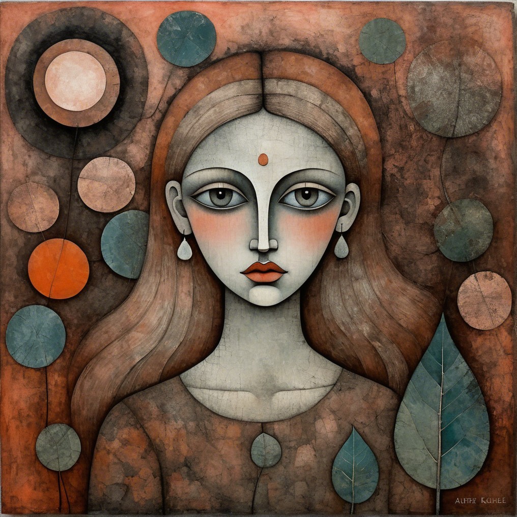 Stylized Woman with Abstract Leaves and Circles