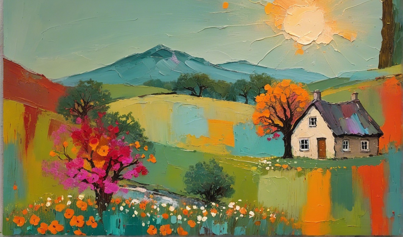 Vibrant Landscape with Cottage and Colorful Fields