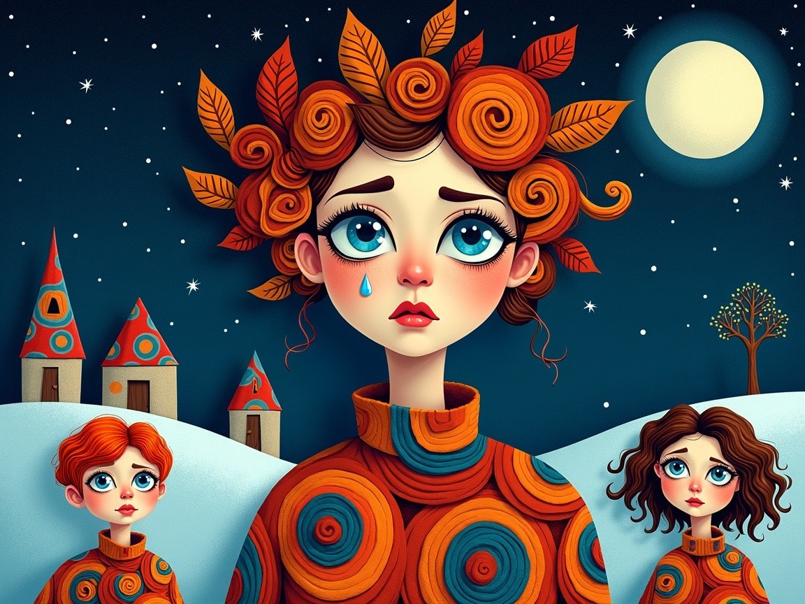 Young girl in winter landscape with autumn leaves