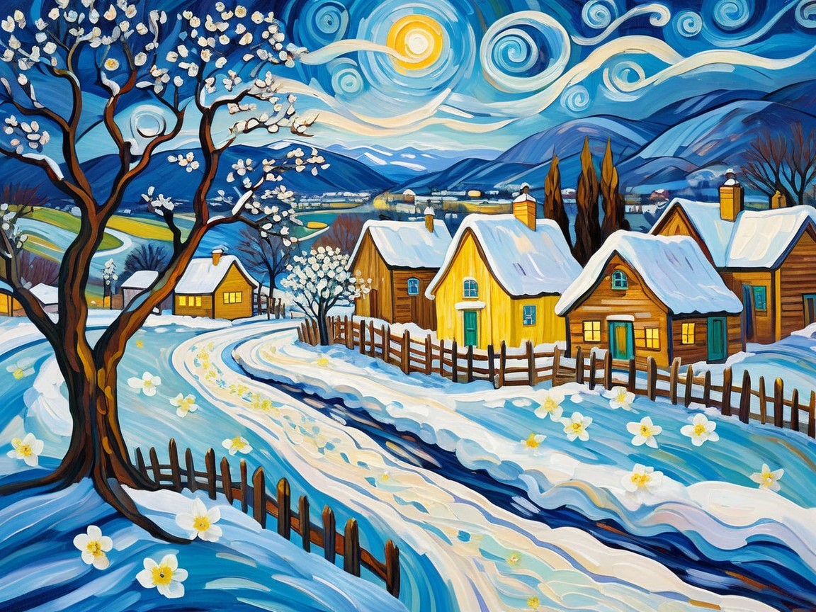 Vibrant Winter Landscape with Cozy Cottages and Mountains