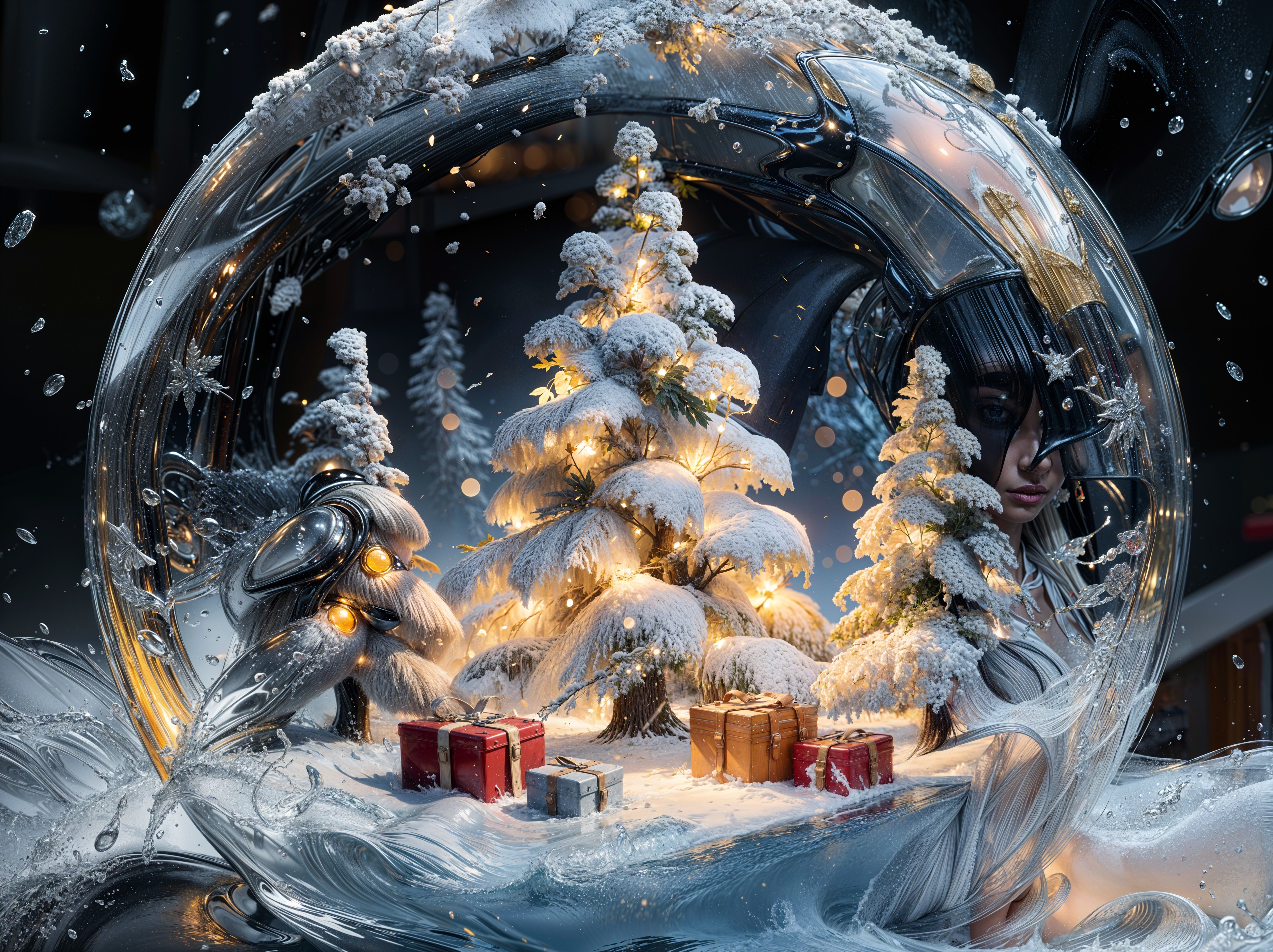 Futuristic Snow Globe with Trees and Metallic Accents