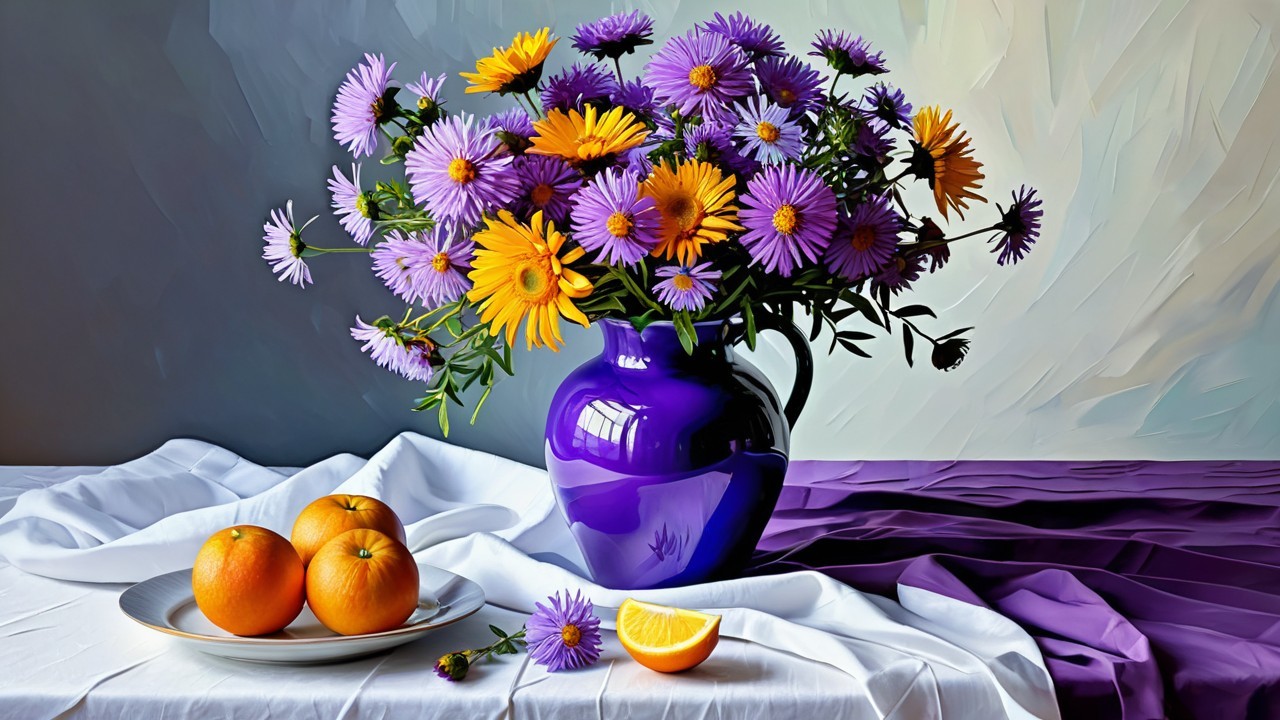 Vibrant Still Life with Flowers and Fresh Oranges