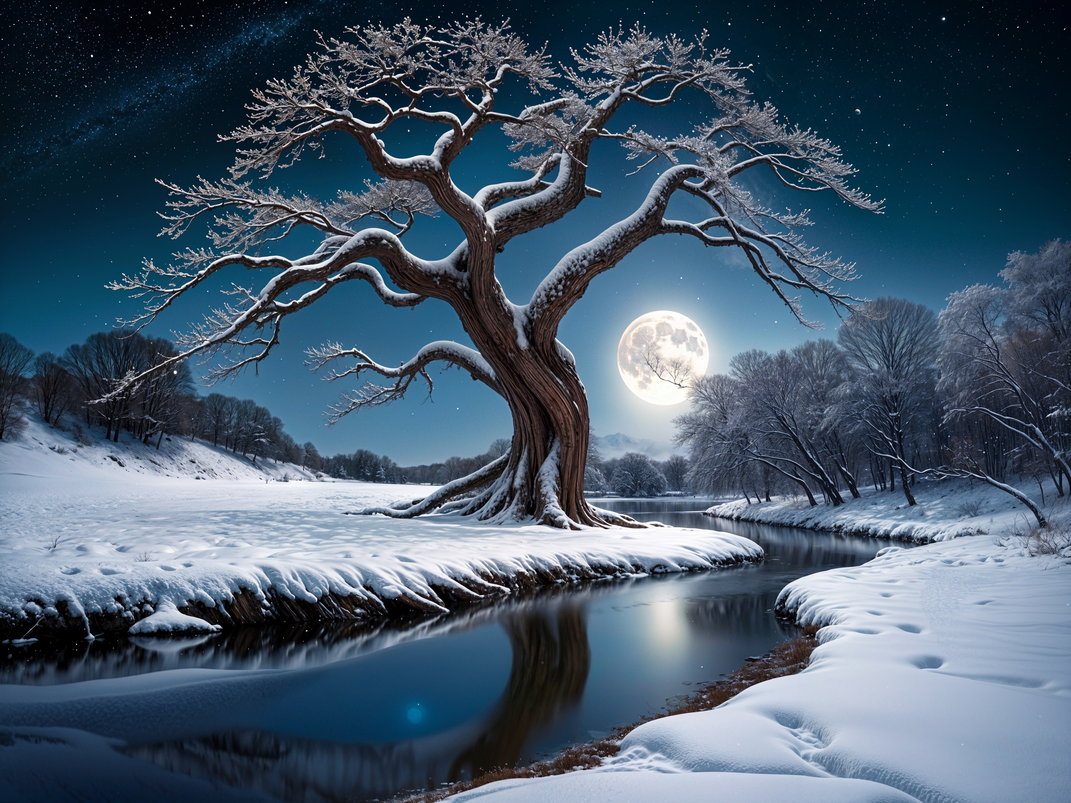Leafless tree by snow-covered river under full moon