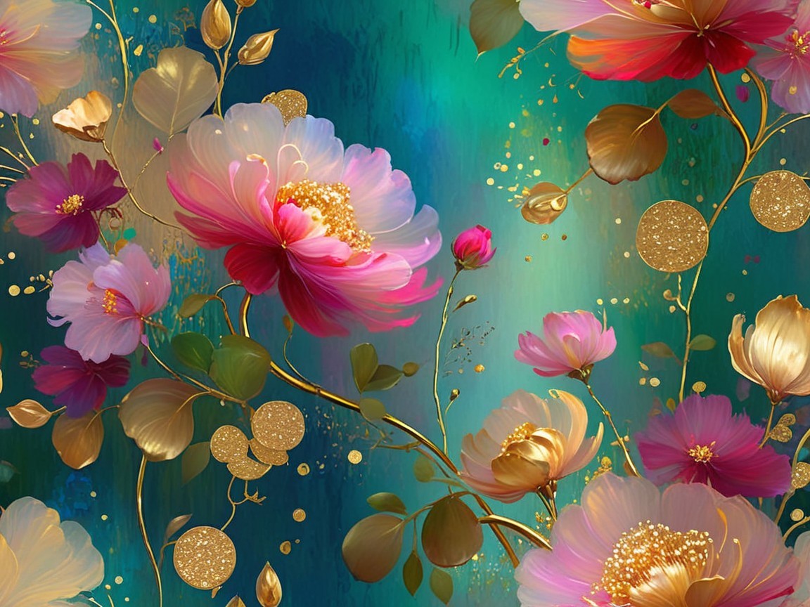 Vibrant Floral Design with Golden Accents on Teal