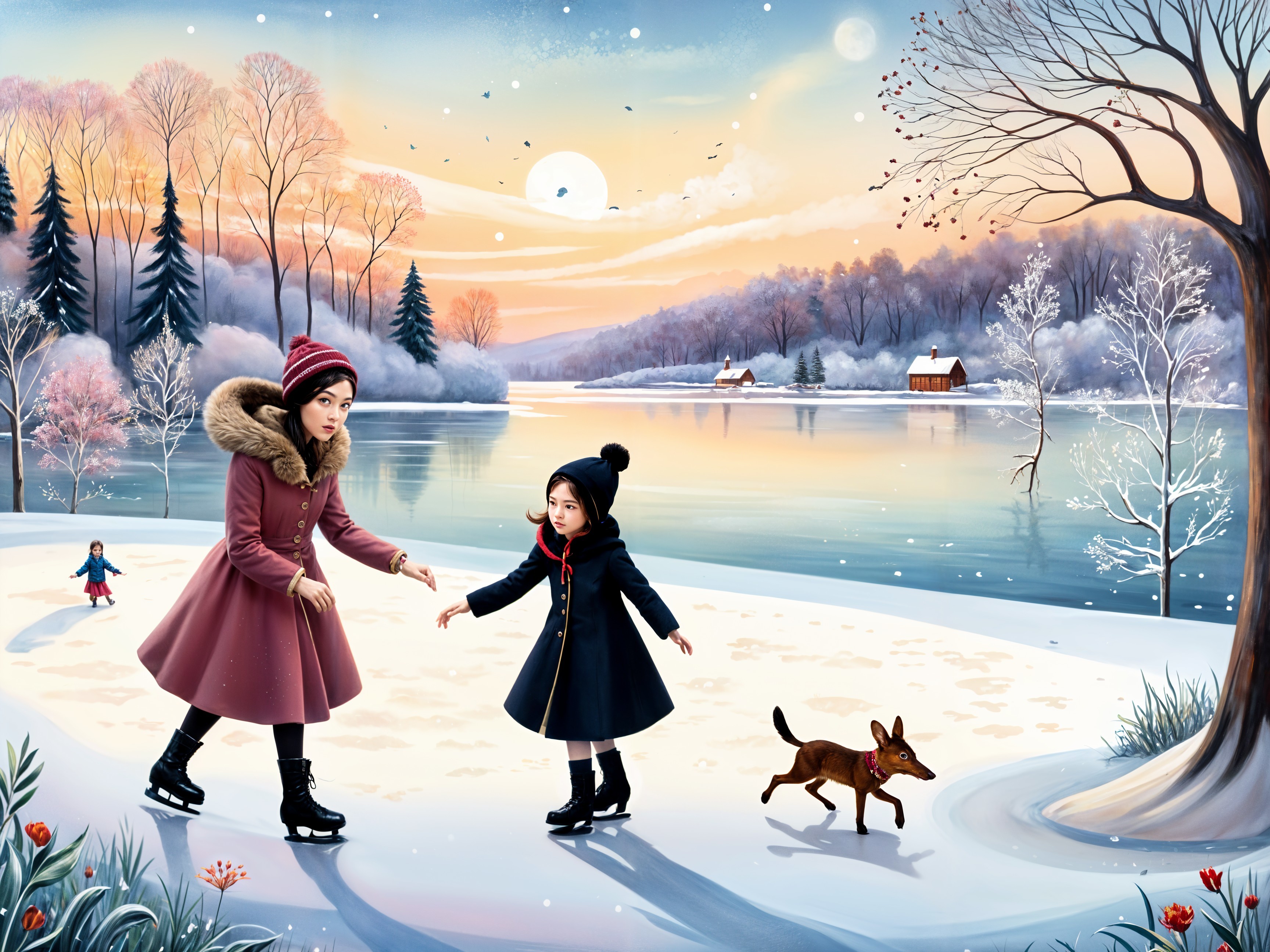 Winter Landscape with Girls Ice Skating on a Lake