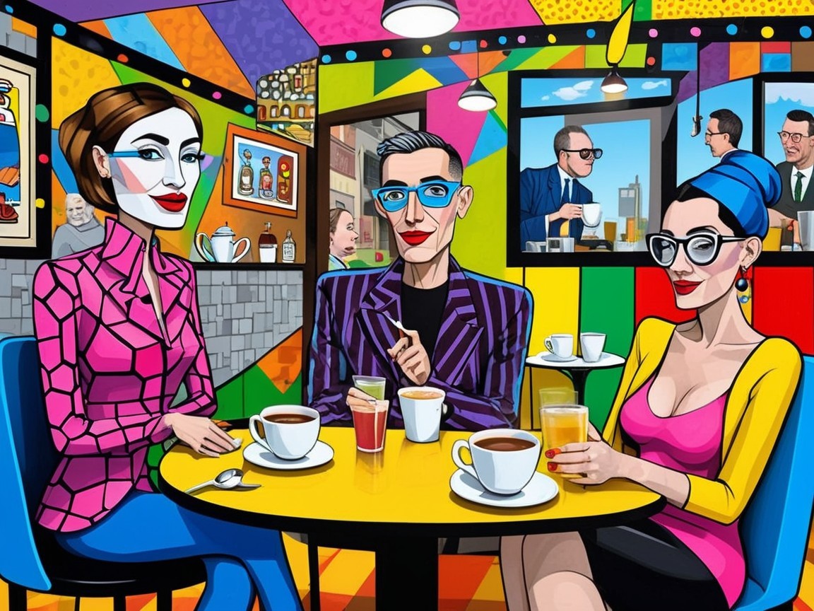 Vibrant Pop-Art Café Scene with Stylish Characters