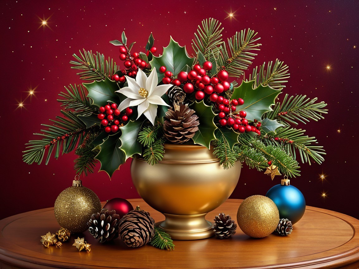 Festive Arrangement with Golden Vase and Holiday Decor