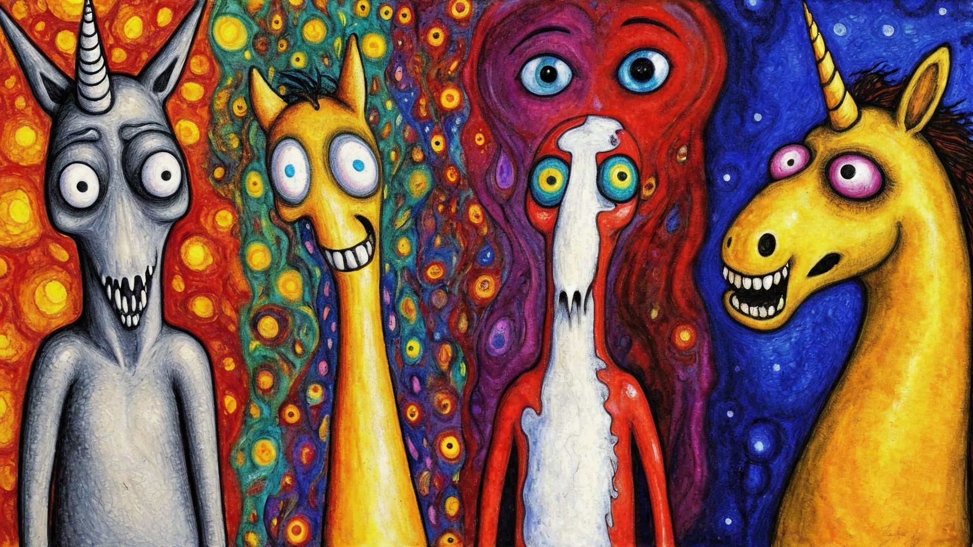 Whimsical Creatures in a Colorful Psychedelic Scene