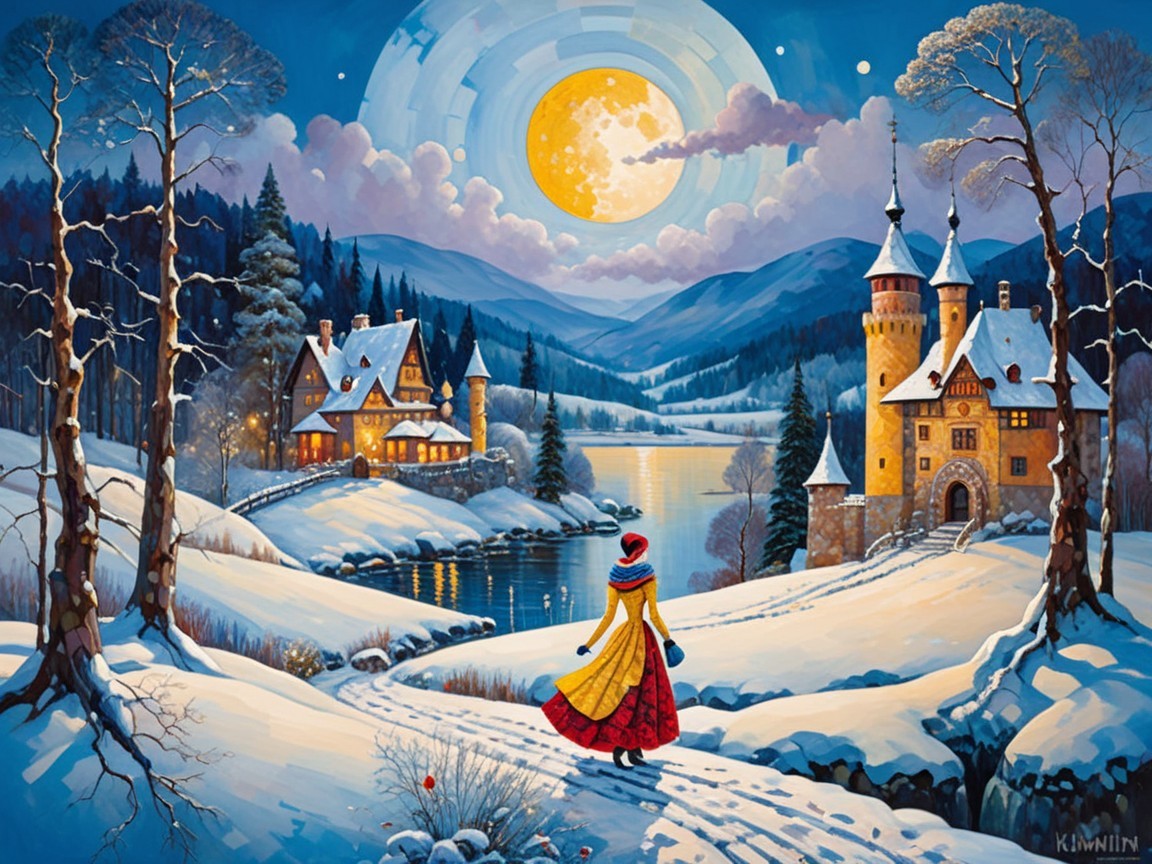 Serene Winter Landscape with Moonlit River and Castle