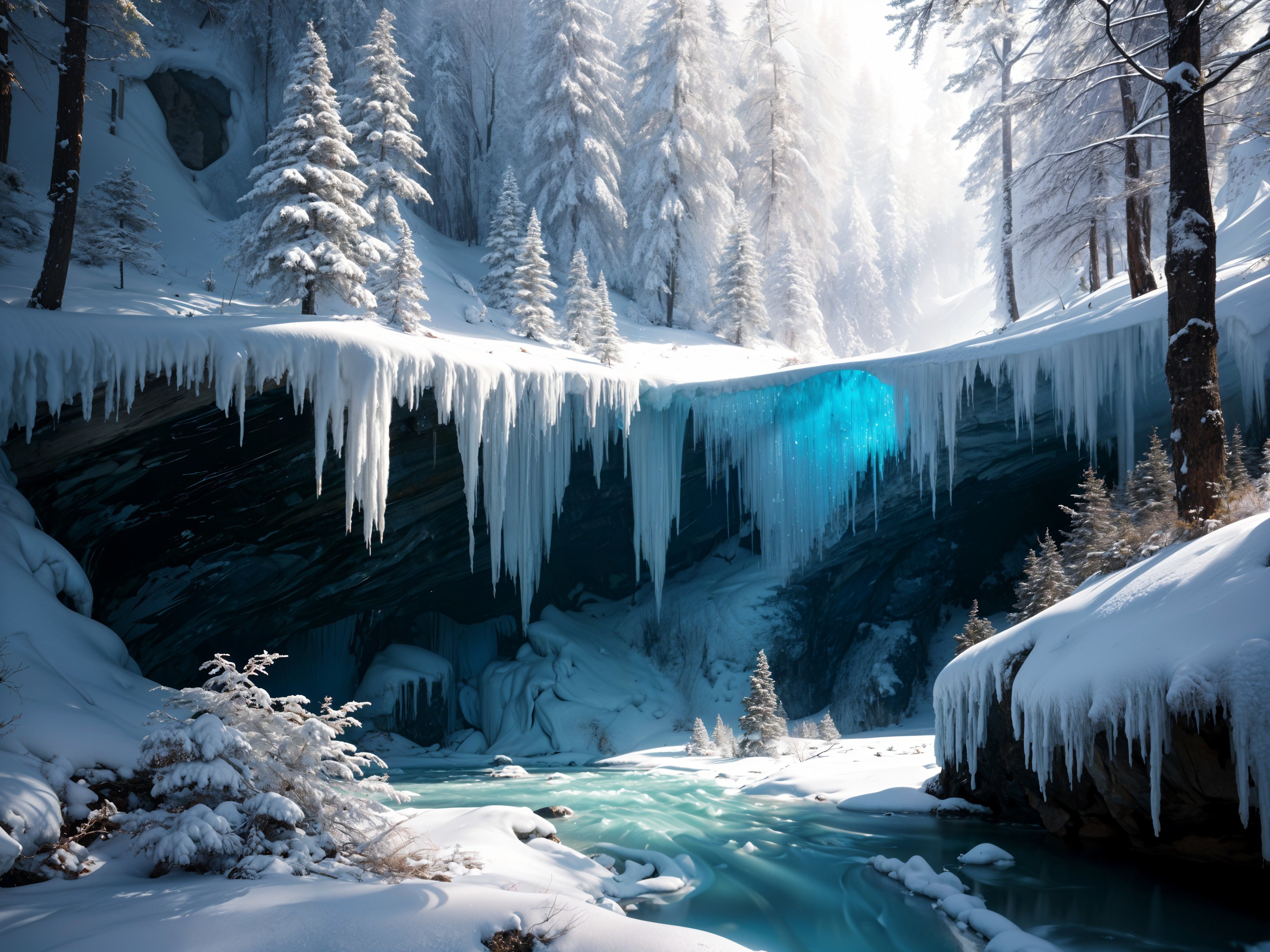Serene Winter Landscape with Cave and Turquoise River