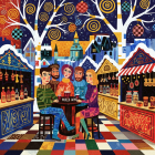 Winter Café Scene with Friends and Festive Decor