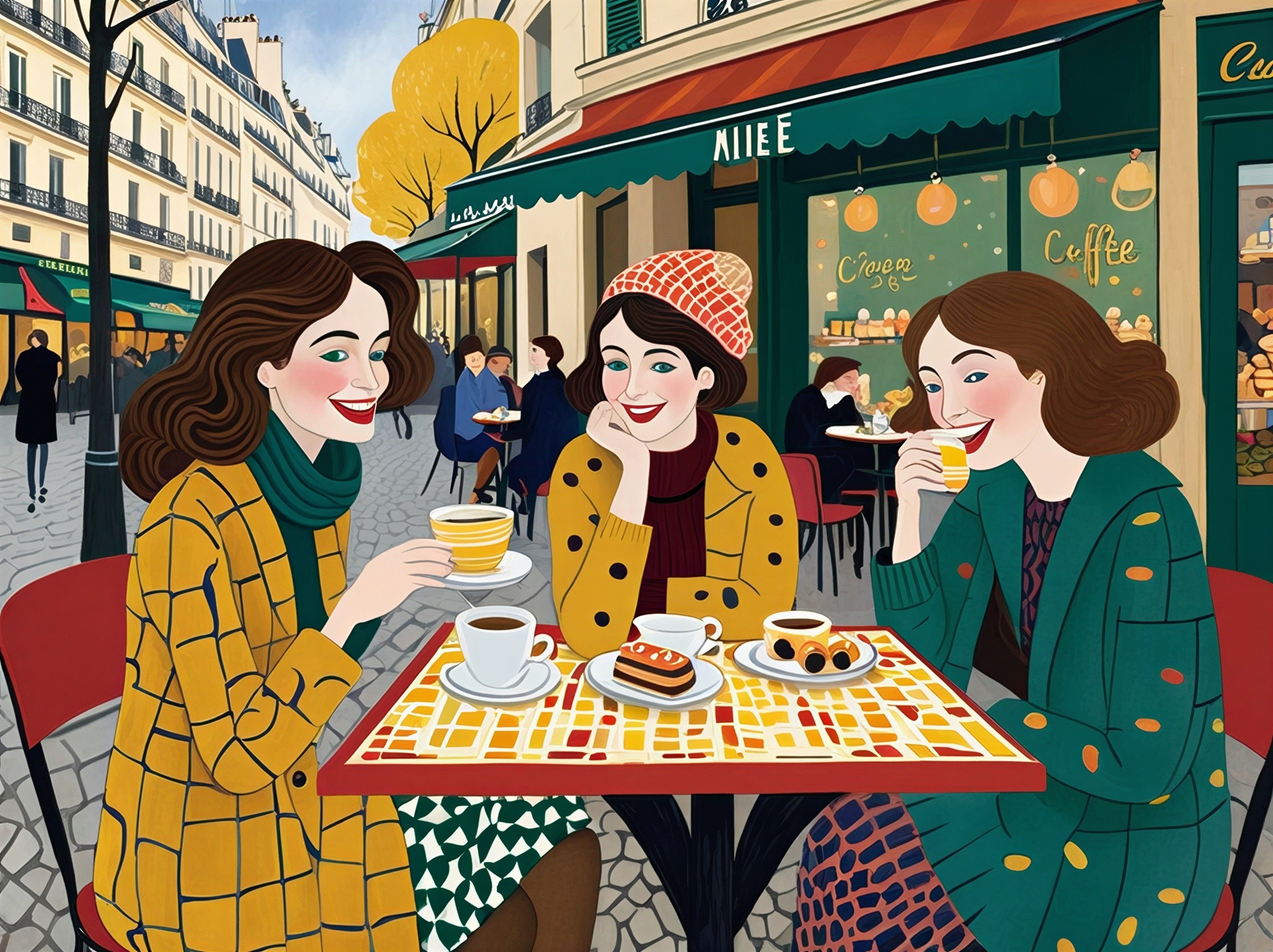 Stylish Women at a Cozy Parisian Café Setting
