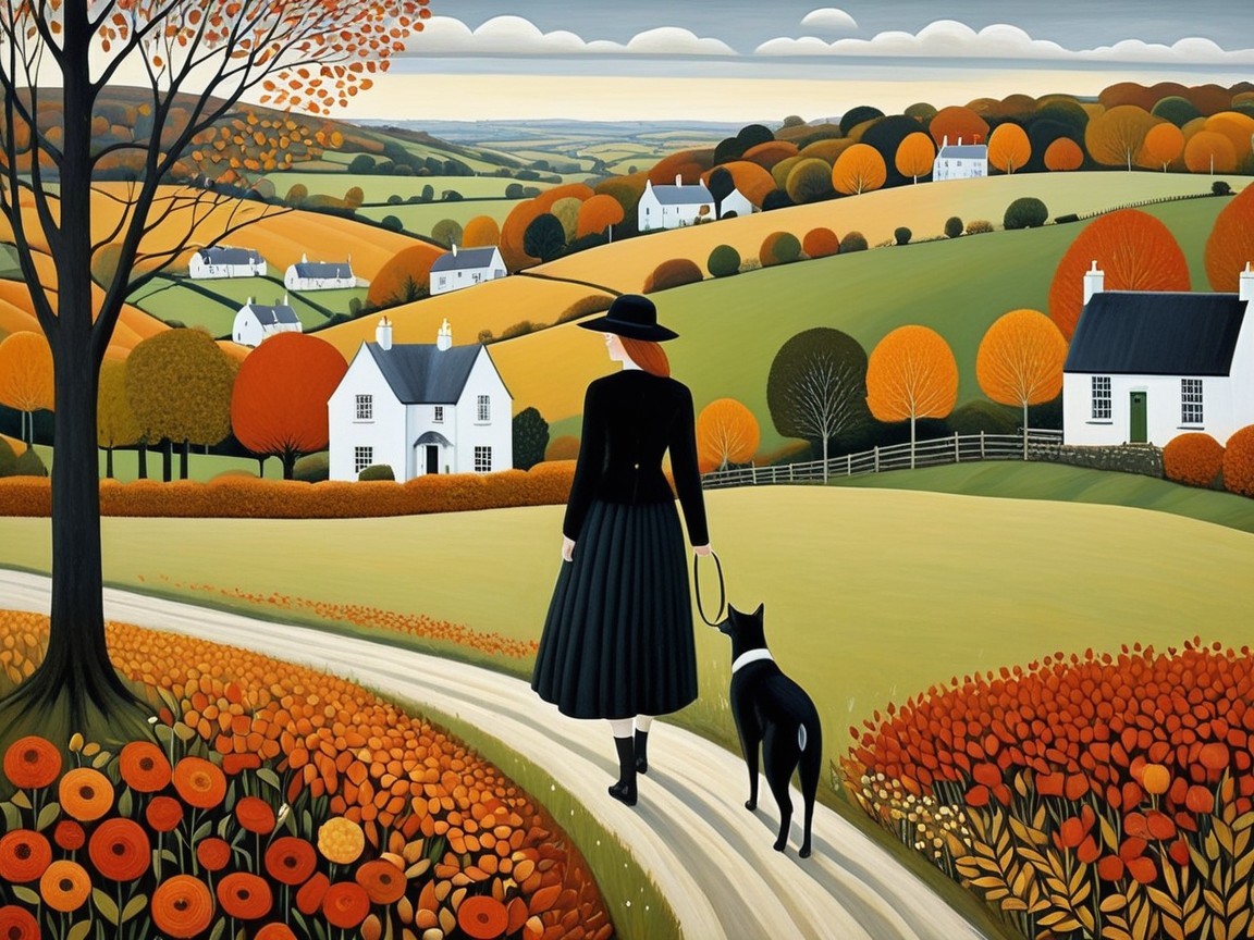 Woman in Black Dress Walking Dog in Autumn Landscape