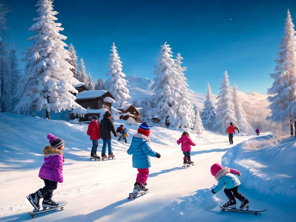 Winter Scene with Ice Skating Children and Cabins