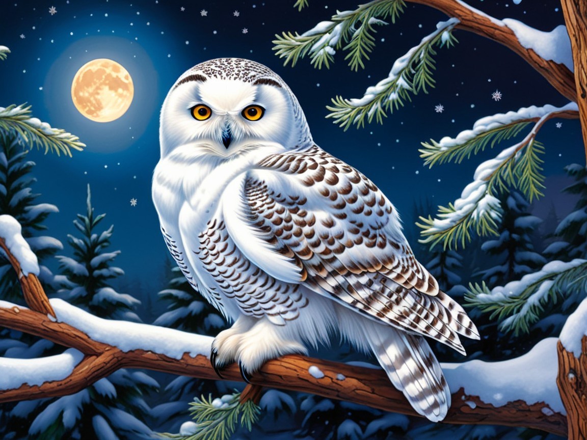 Snowy Owl in Winter Landscape with Moonlight