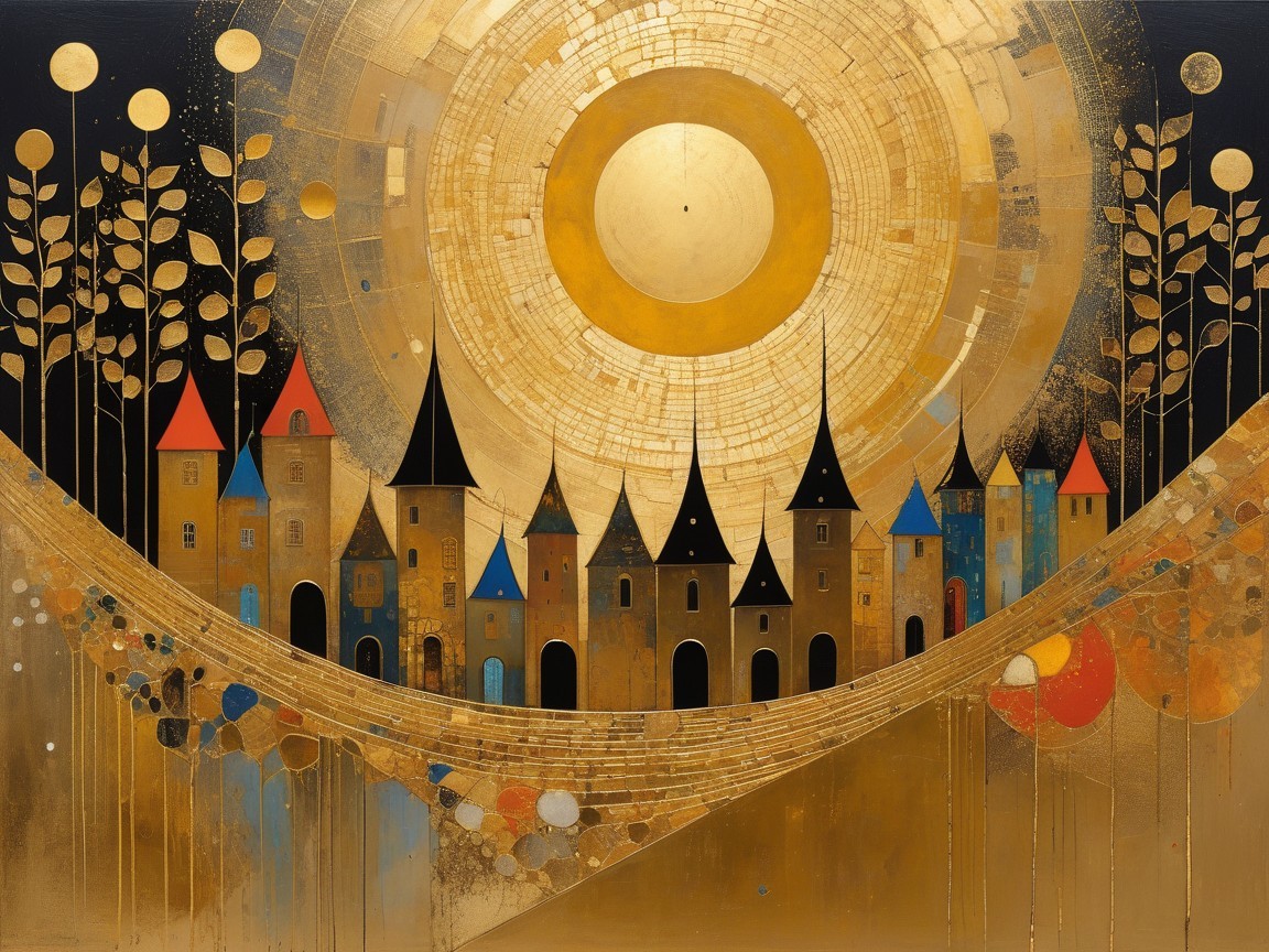 Whimsical Oil Painting of Colorful Homes on Golden Landscape