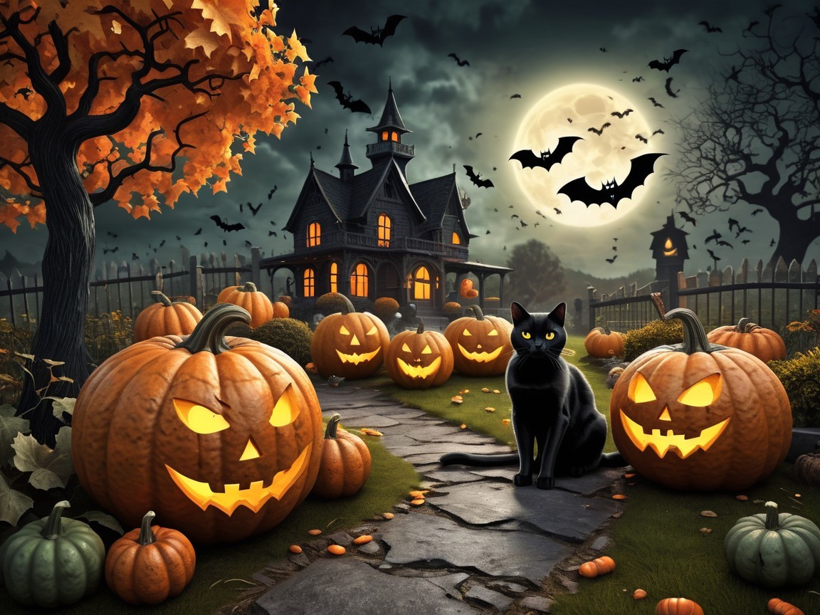 Spooky Halloween Scene with Mansion and Jack-o'-Lanterns