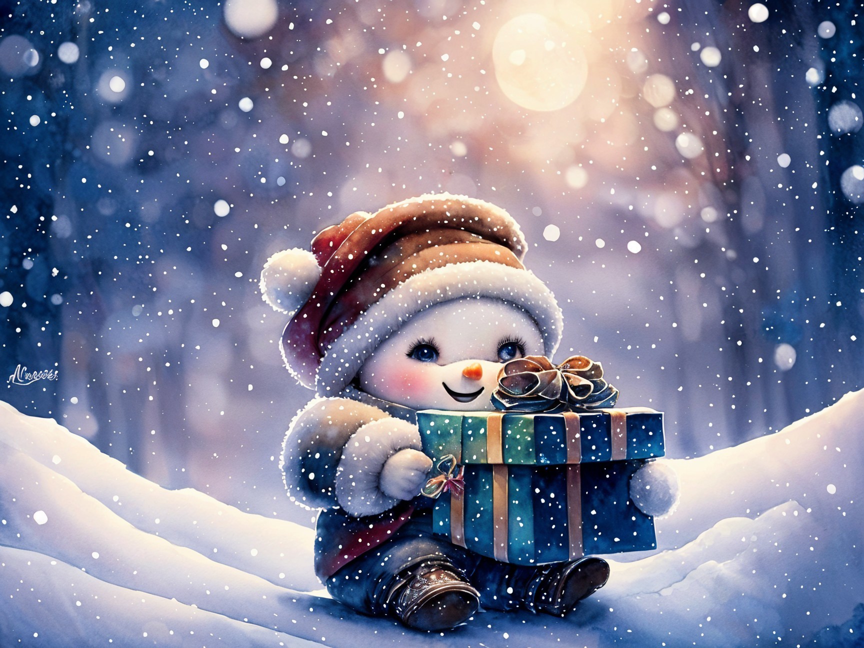 Whimsical Snowman in Serene Winter Landscape