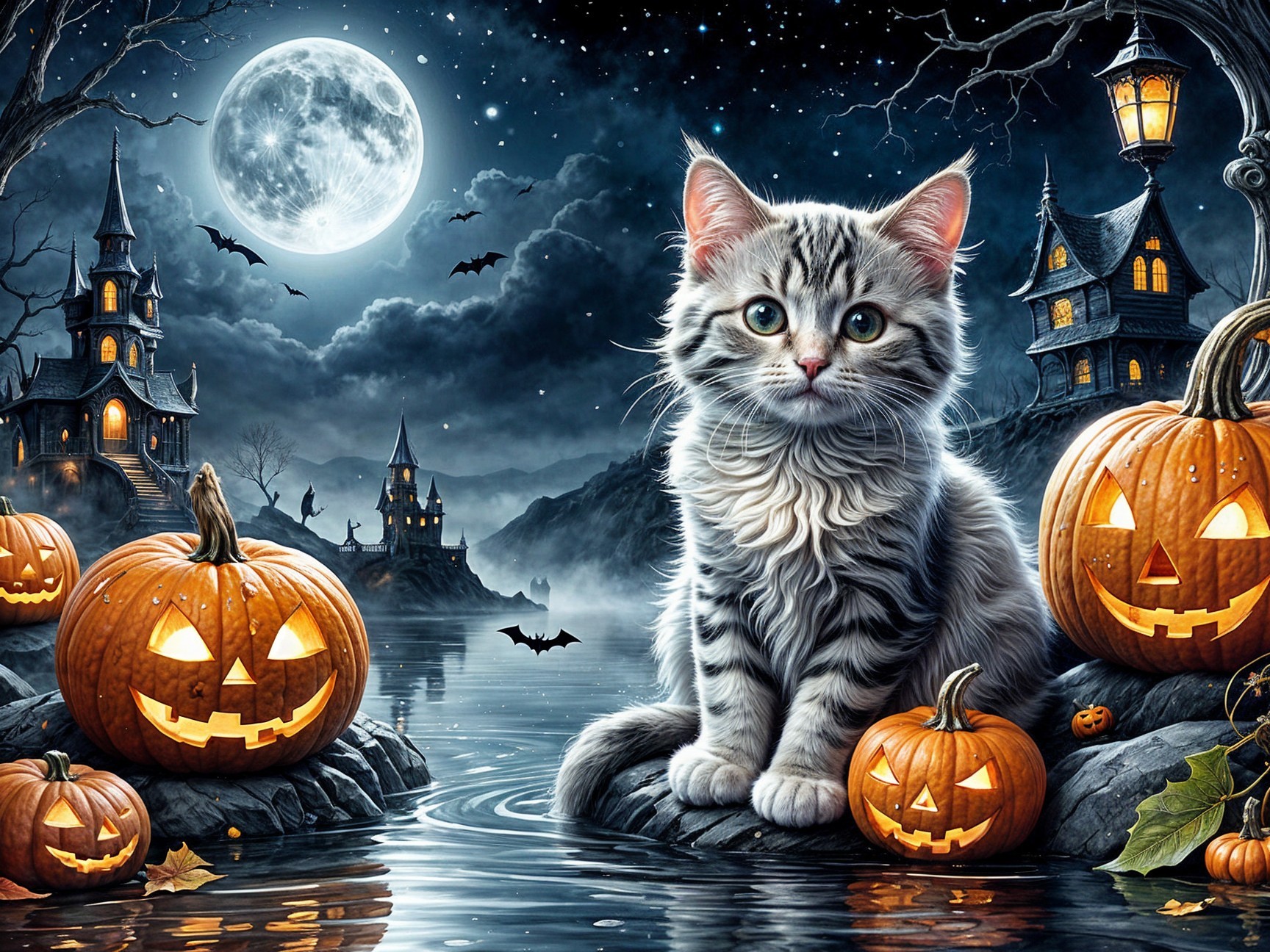 Gray Kitten on Rocky Shore with Halloween Decor