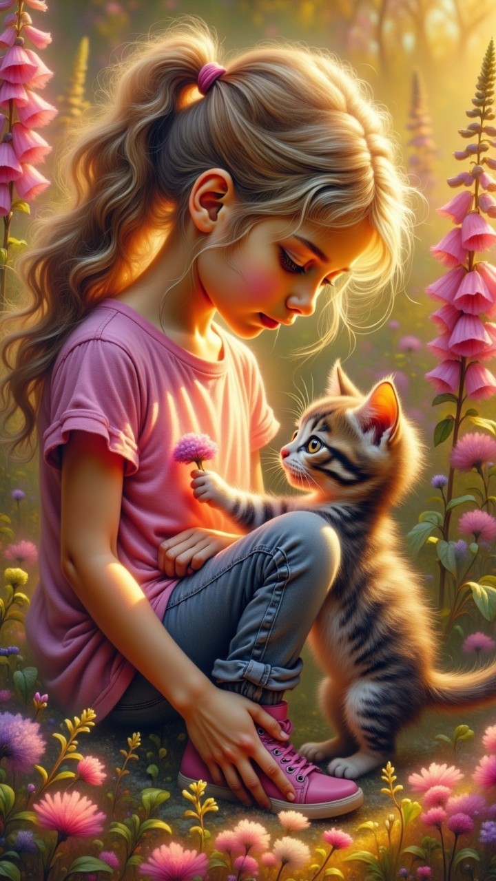 Young girl with kitten among pink flowers in sunlight