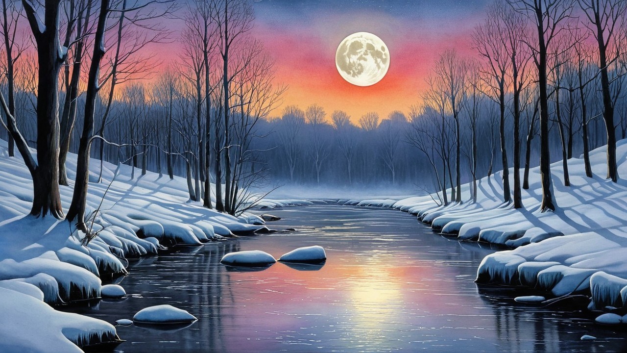 Winter Landscape with Moonlit River Reflection