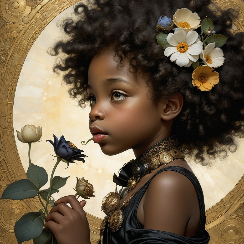 Young girl with curly hair and flowers in ornate setting