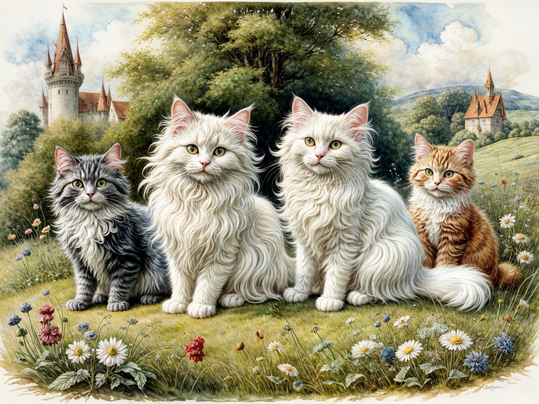 Four Cats in a Meadow with a Castle Background