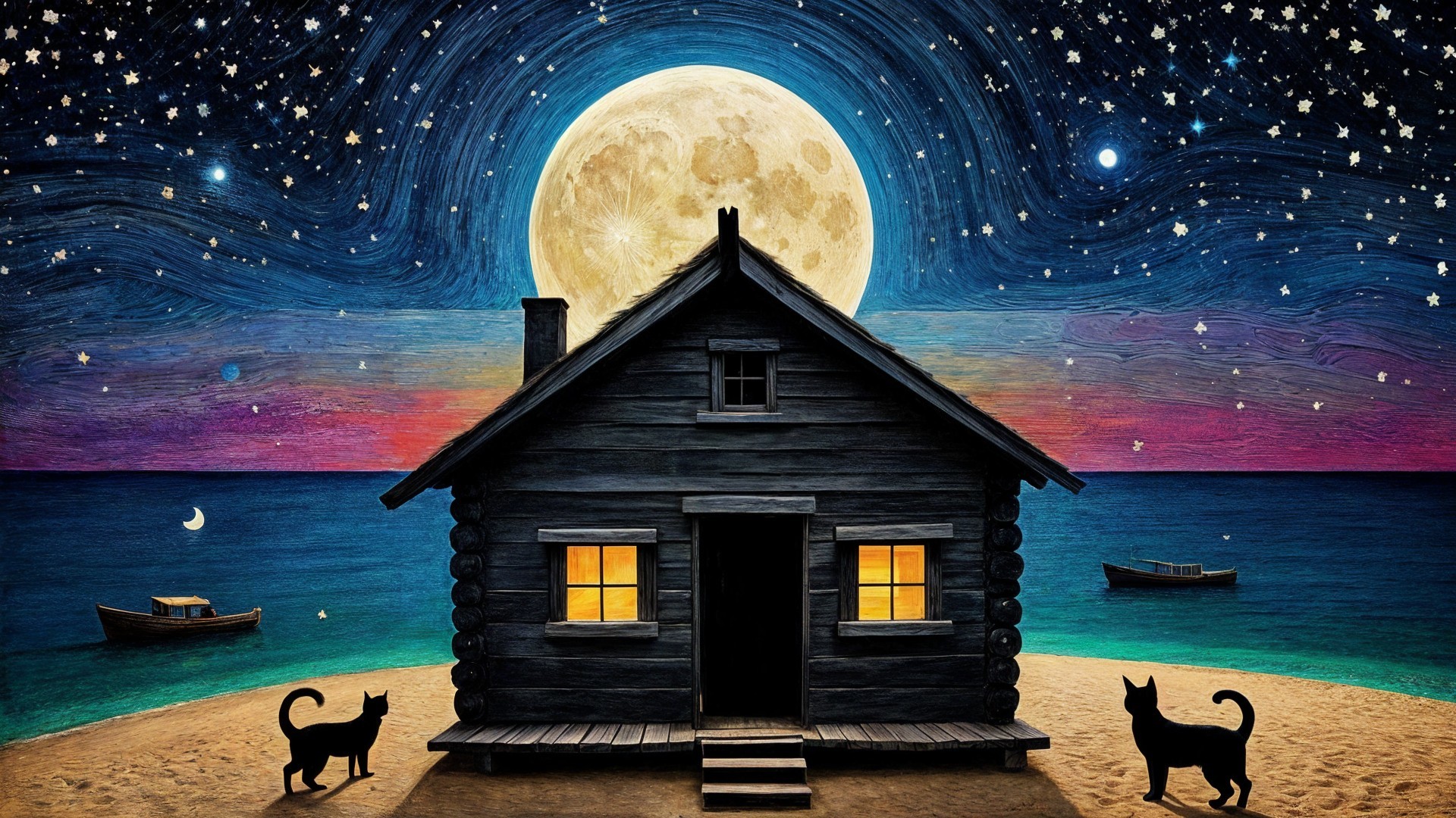 Starry Night with Rustic House and Cats by Beach