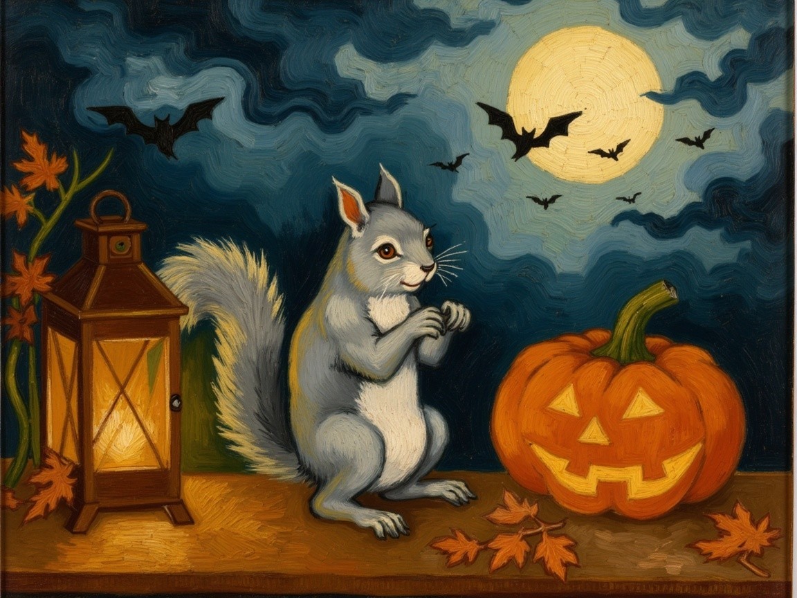 Fluffy Gray Squirrel and Pumpkin Under Full Moon