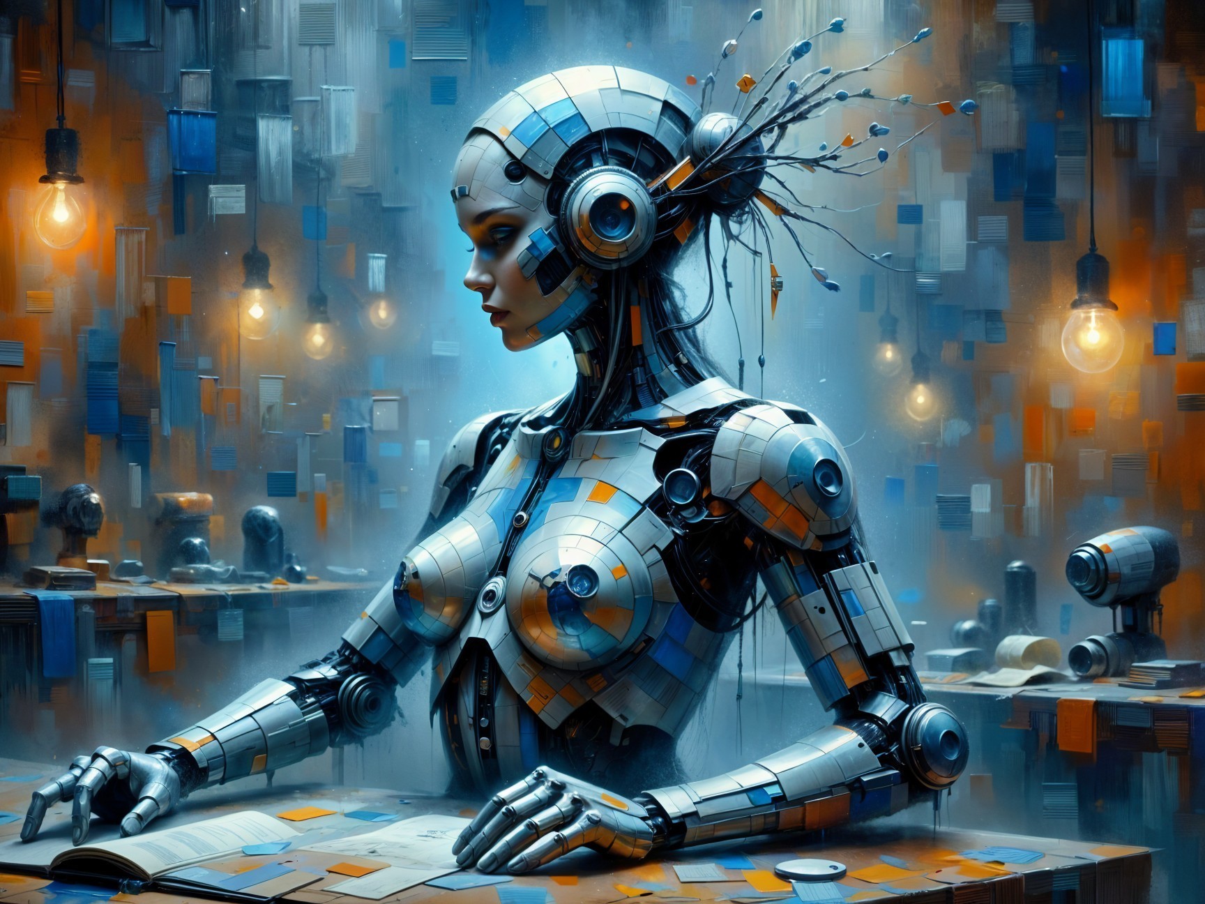 Futuristic Female Robot Reading in Serene Setting