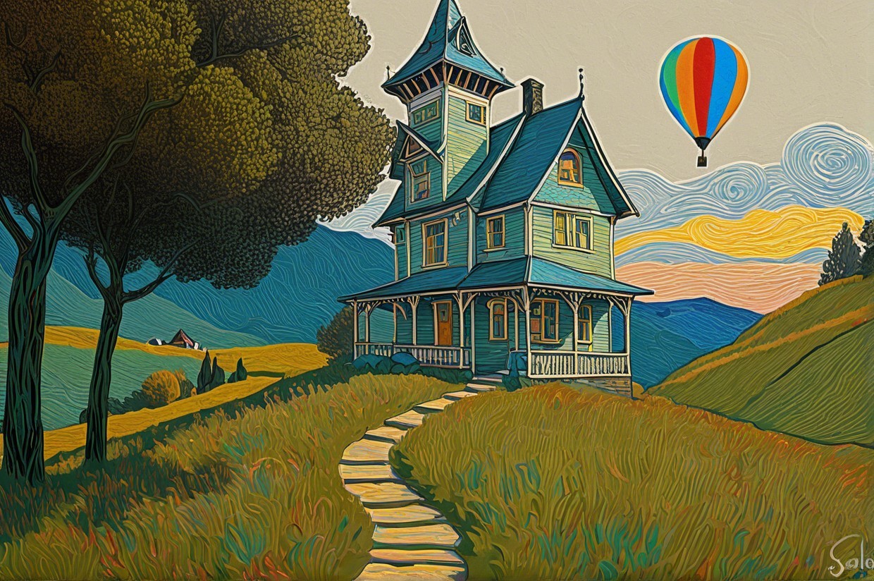 Whimsical Pastel House on Grassy Hill with Hot Air Balloon