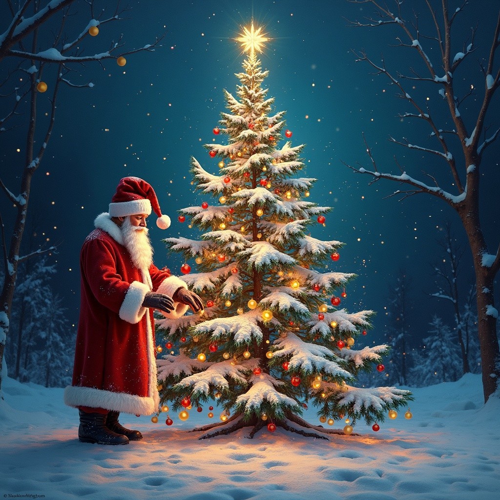 Santa Claus by a decorated Christmas tree in winter scene