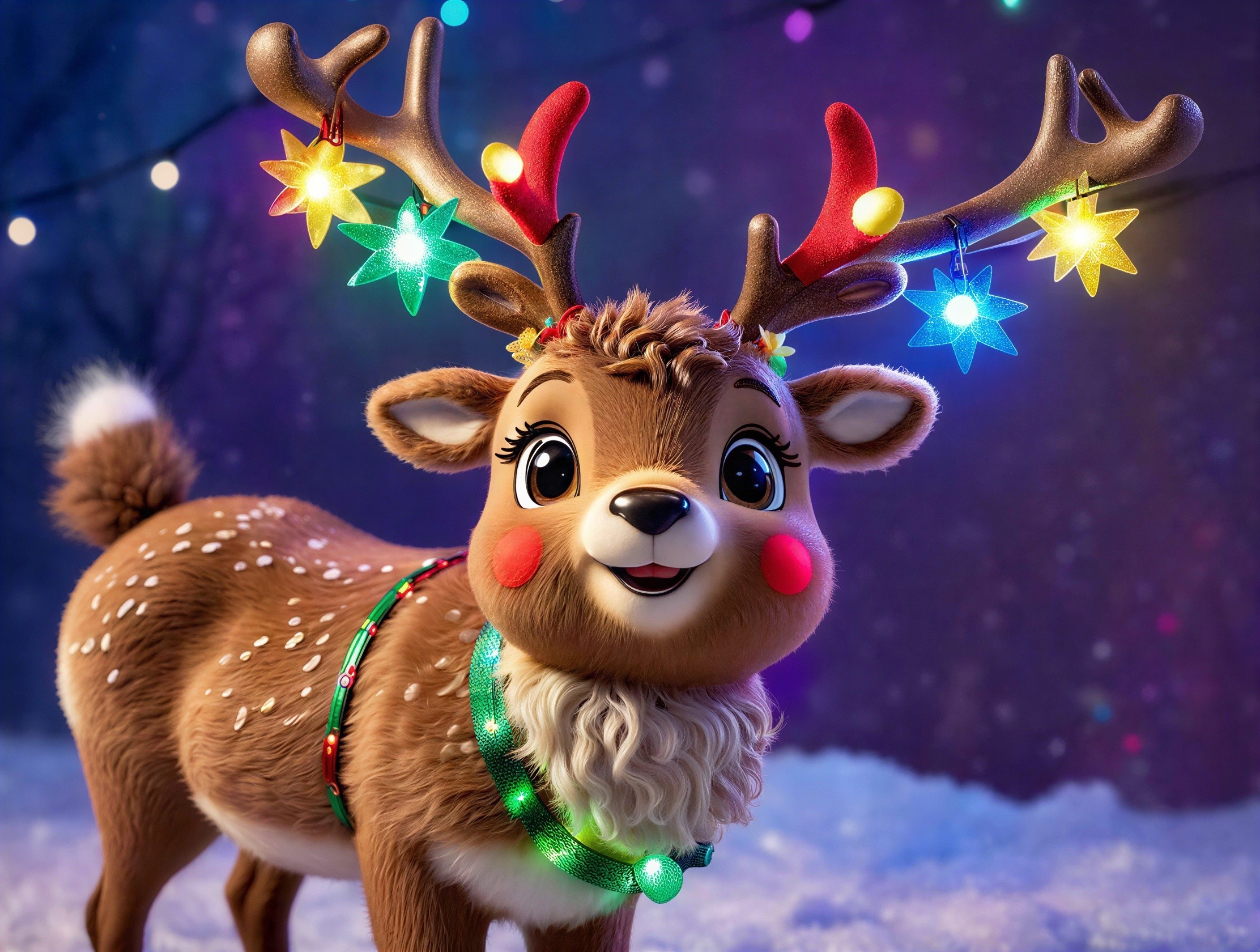 CGI Brown Reindeer in Snowy Forest with Lights