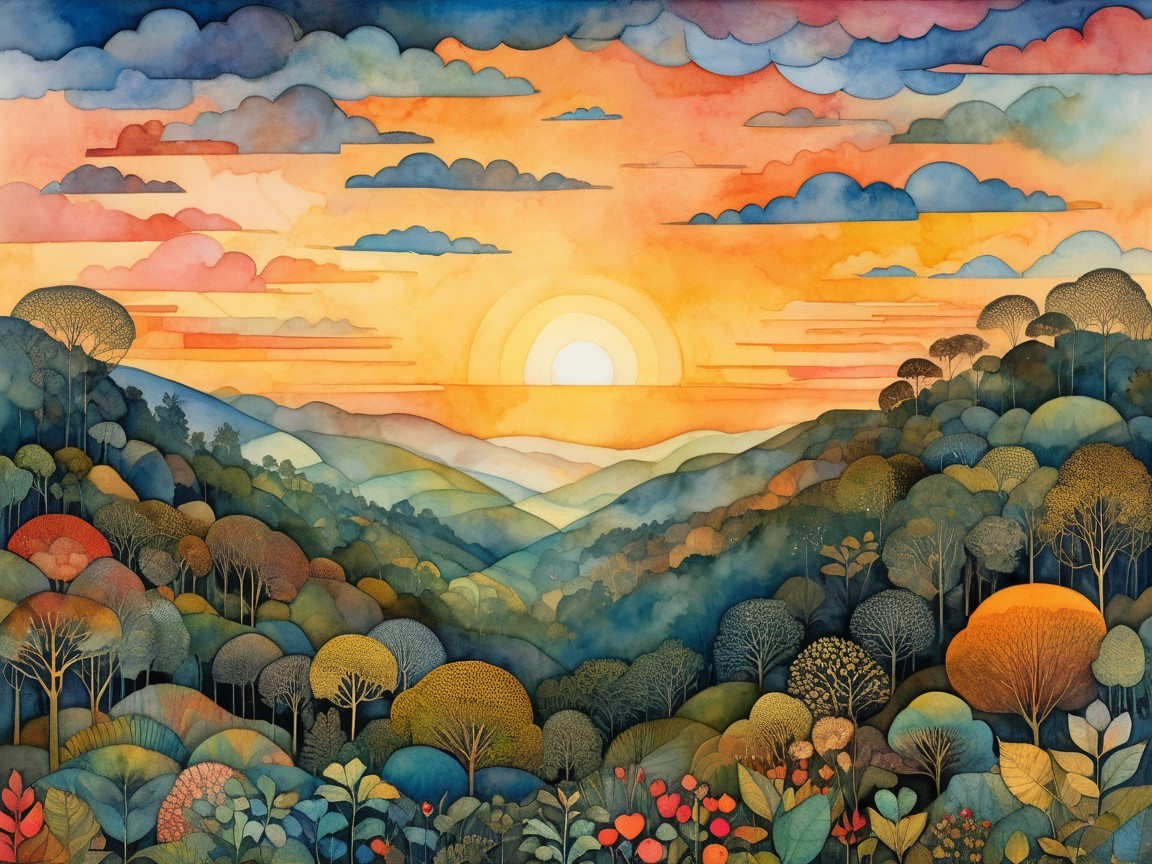 Vibrant Landscape of Rolling Hills at Sunset