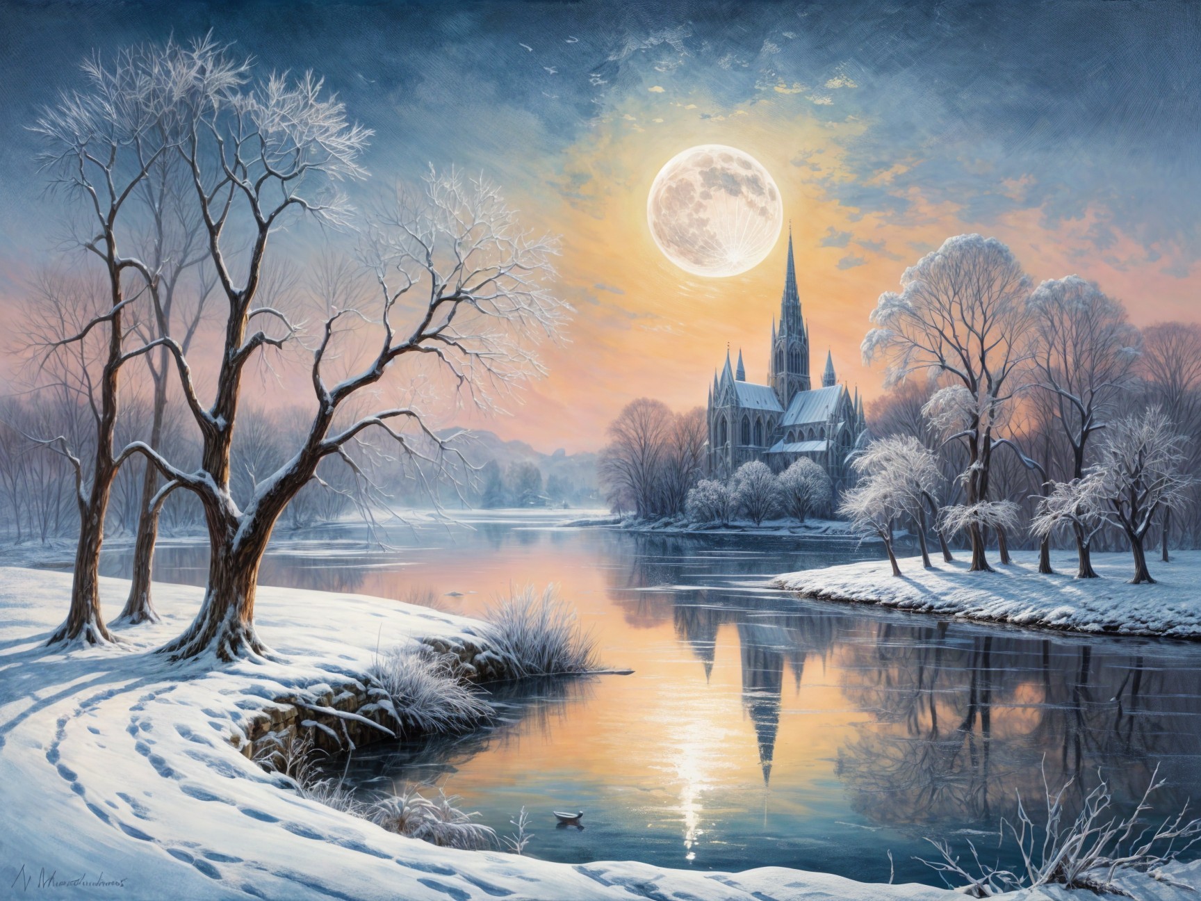Serene Winter Landscape with Moonlit River and Church
