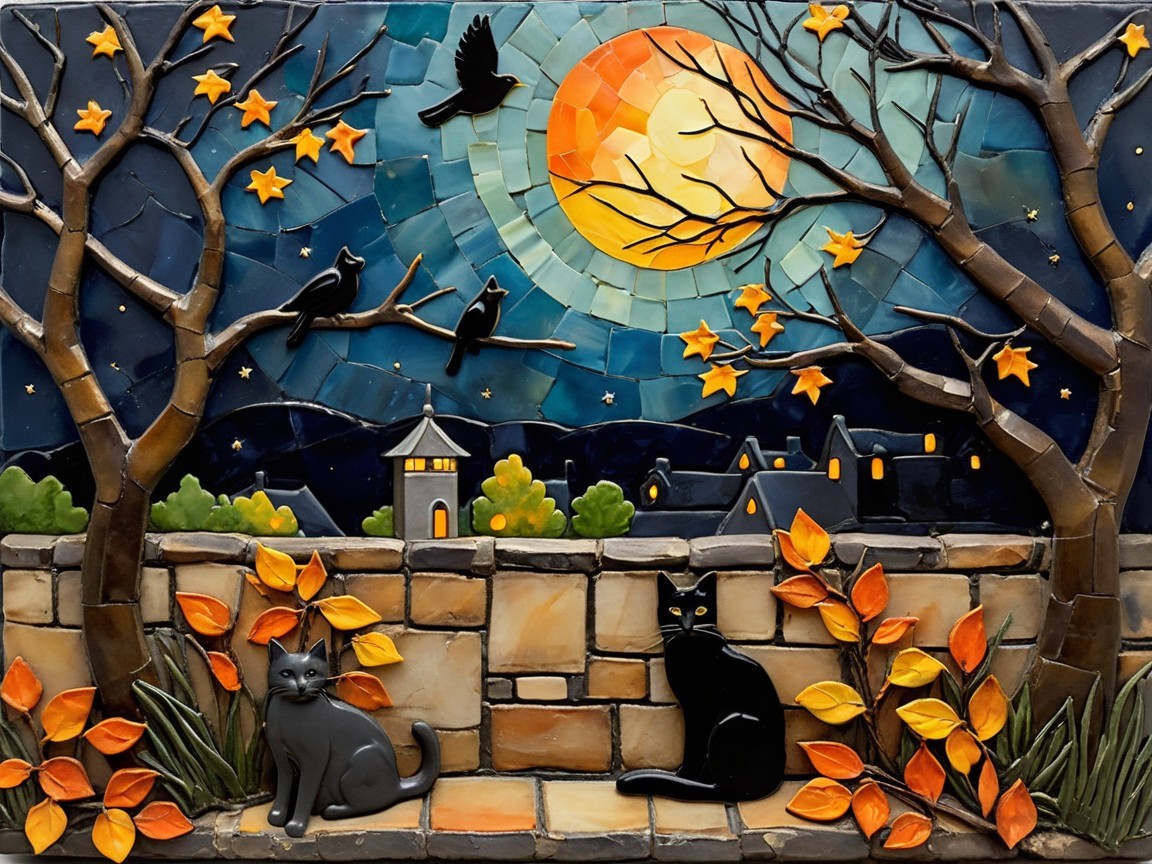 Mosaic Illustration of Two Cats on a Stone Wall