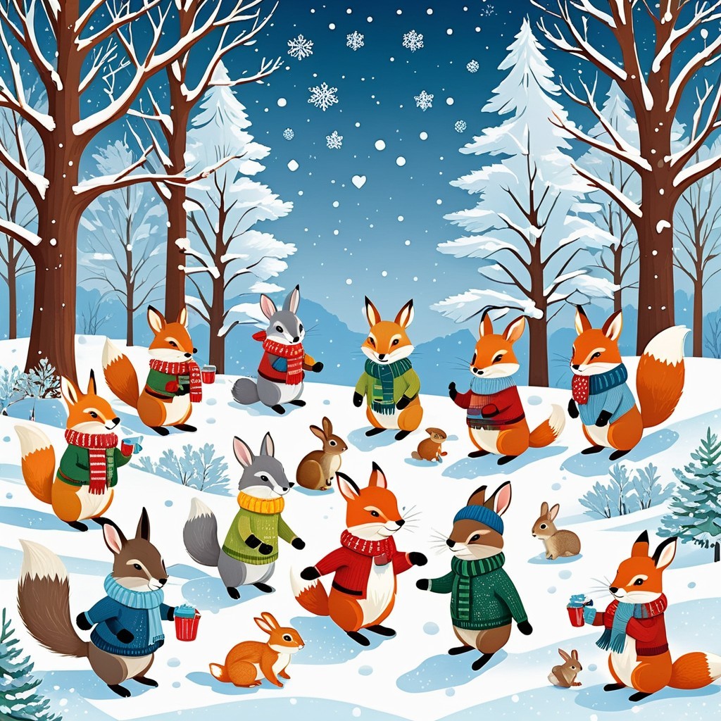 Whimsical Winter Scene with Foxes and Rabbits