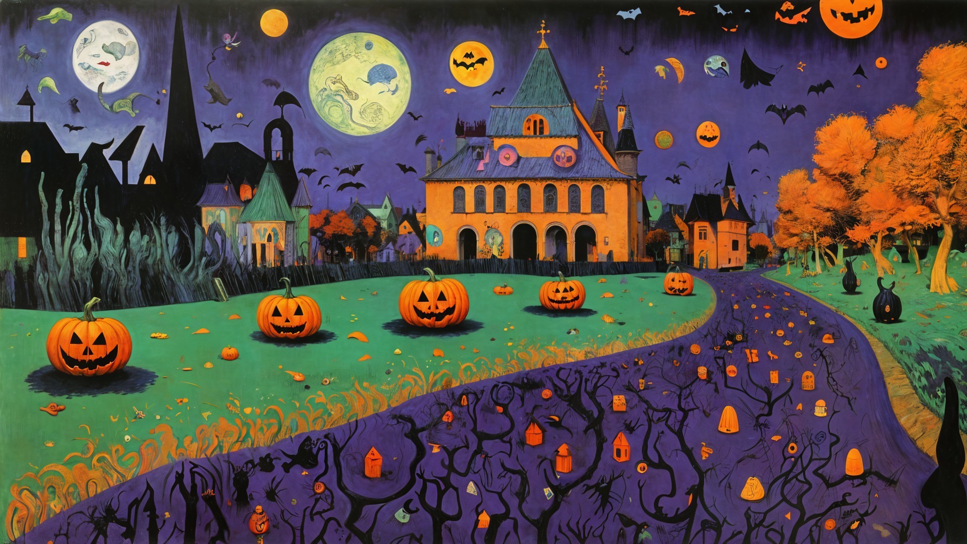 Vibrant Halloween Scene with Spooky Mansion and Pumpkins