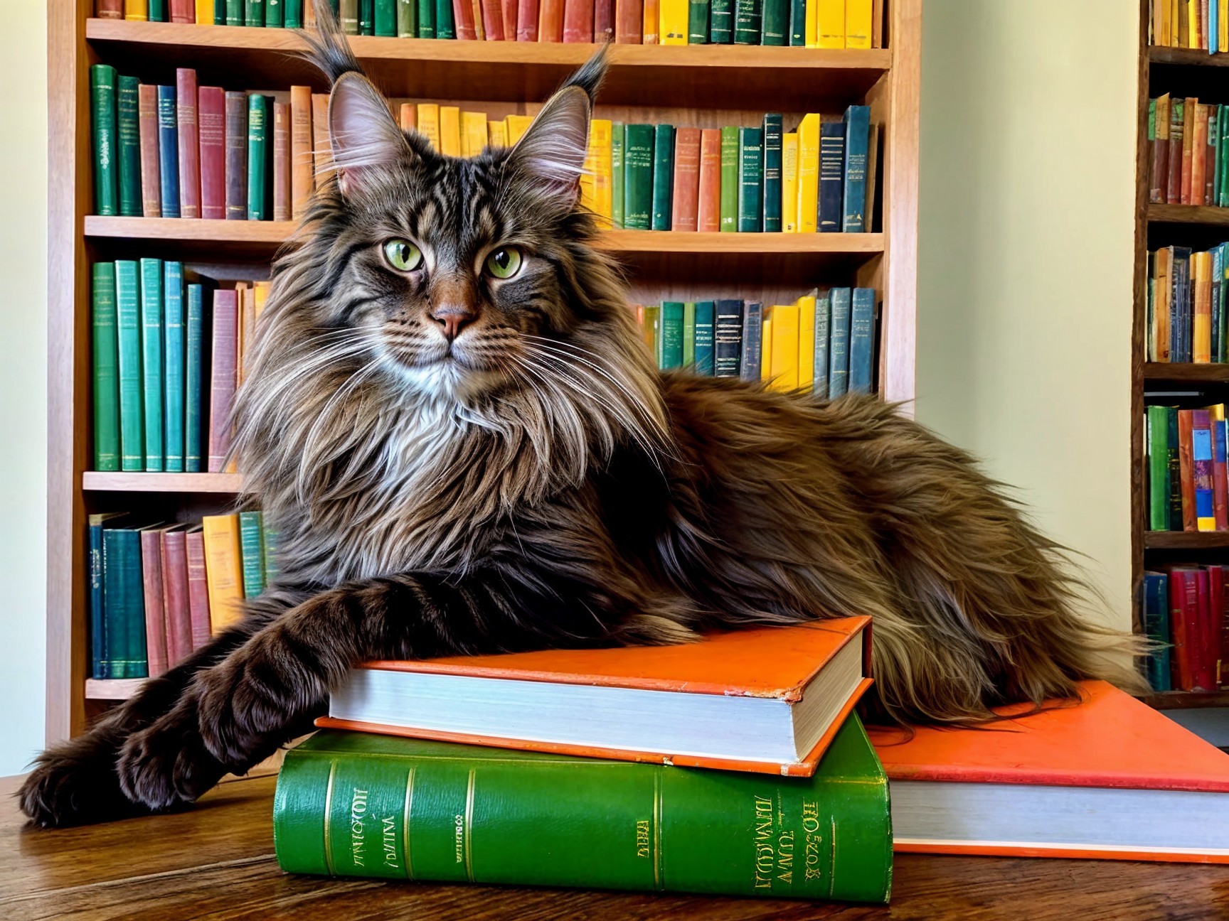 Maine Coon Cat in Cozy Library with Colorful Books