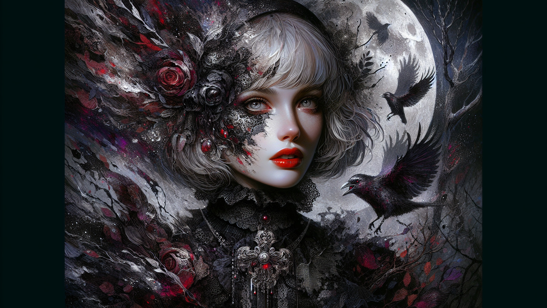 Gothic figure with pale skin and red lips in shadows