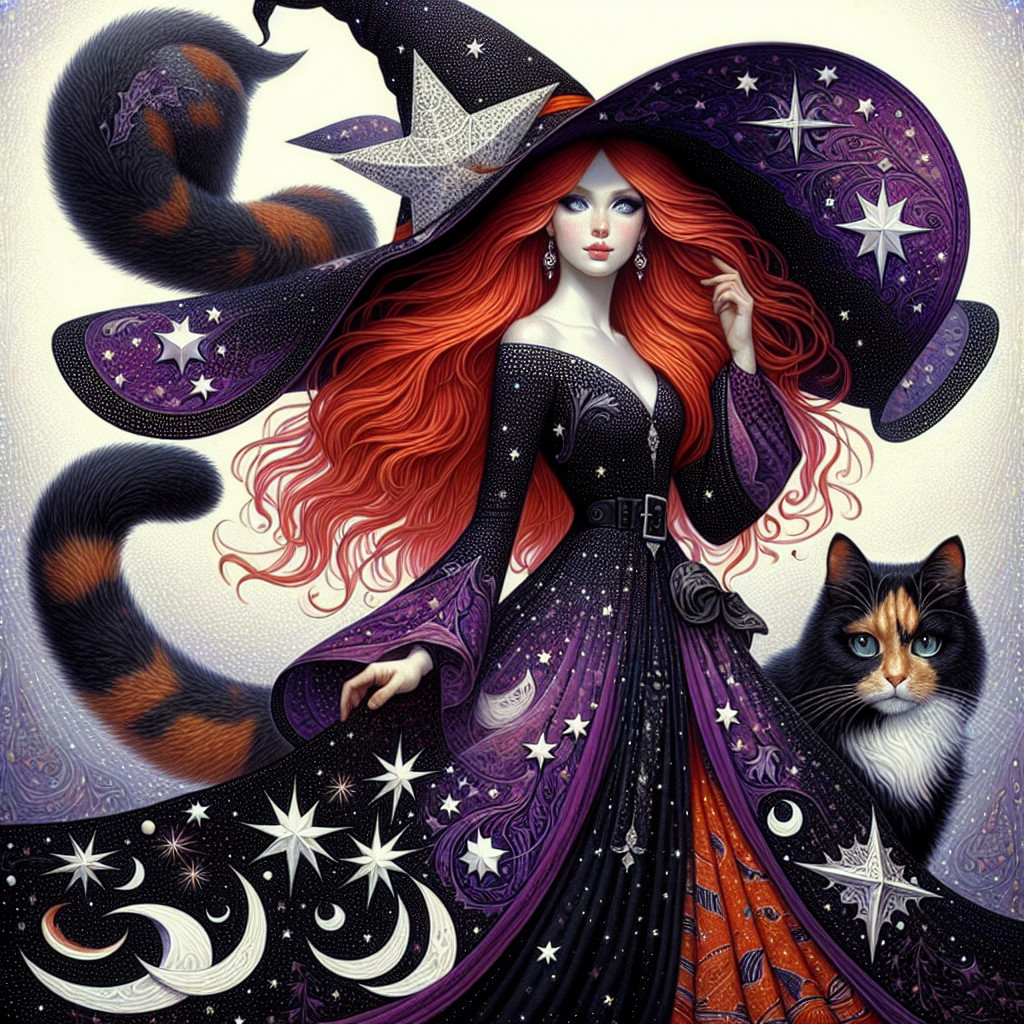 Mystical witch in black gown with cosmic backdrop