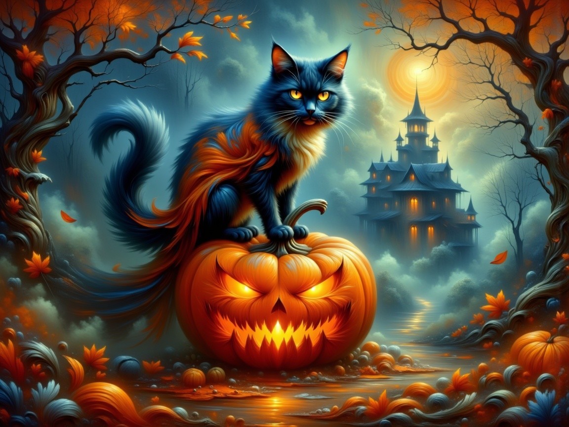 Mystical Black Cat on Glowing Pumpkin with Castle Background