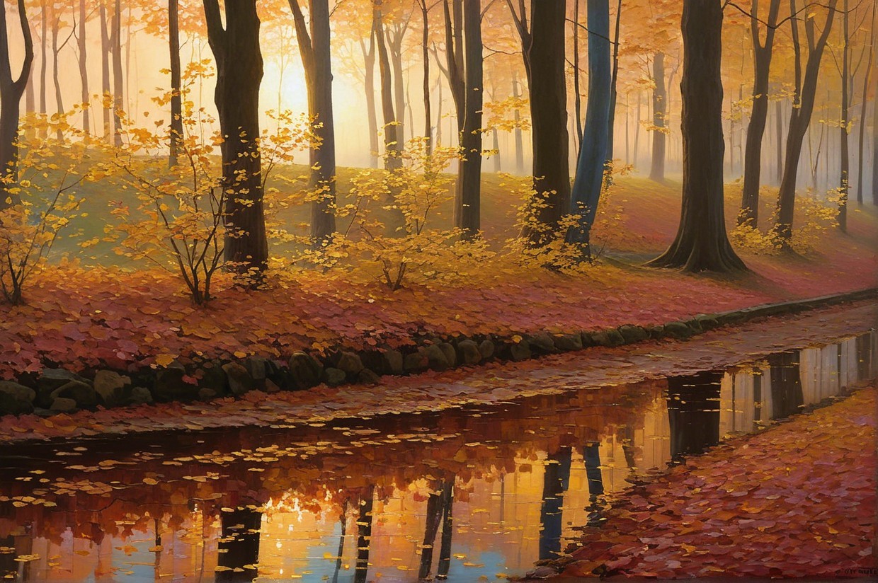 Autumn Landscape with Vibrant Leaves and Calm Stream