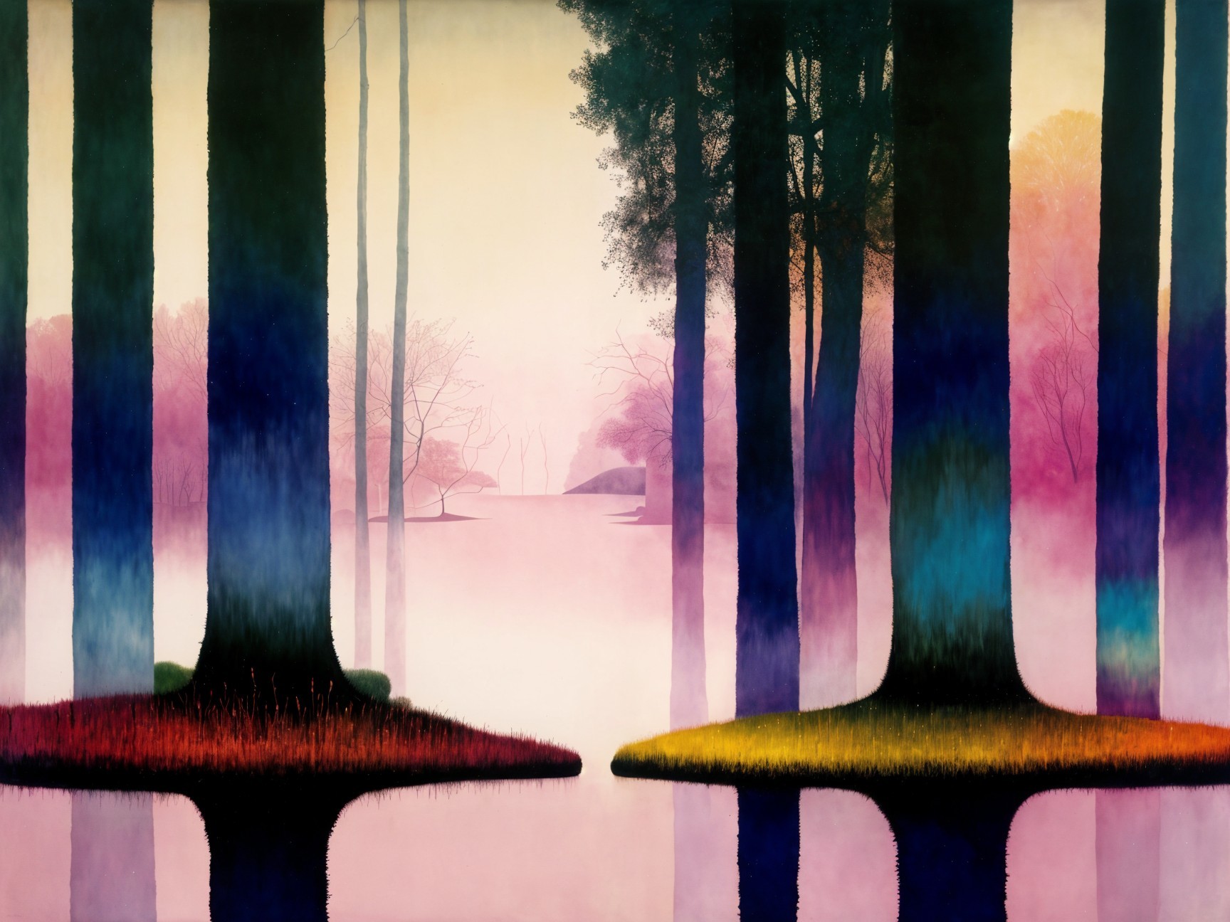 Vibrant Landscape with Colorful Trees and Misty Hills