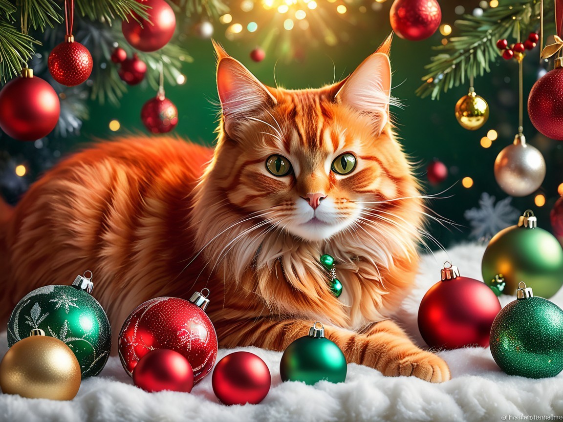 Fluffy Orange Cat Among Festive Christmas Decorations