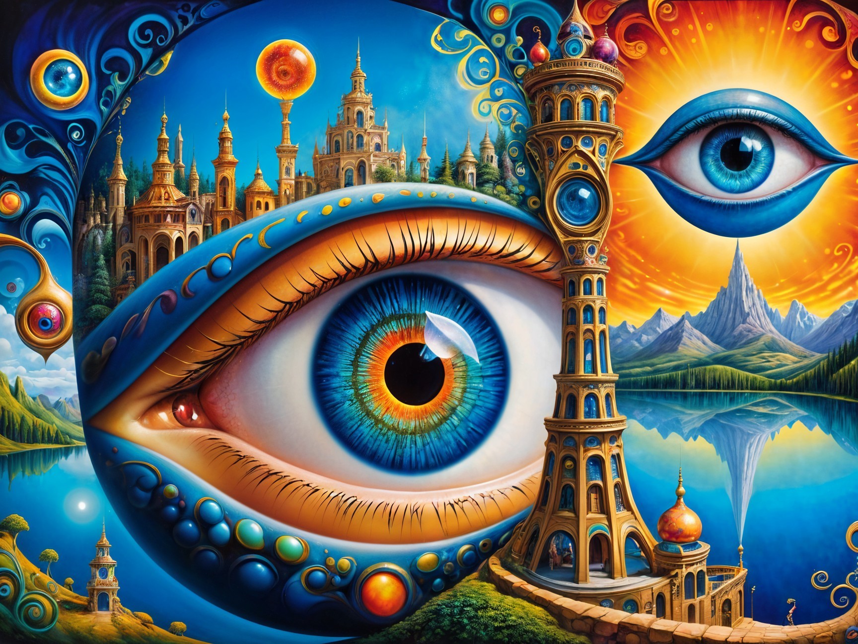 Surreal Eye Surrounded by Fantastical Landscapes