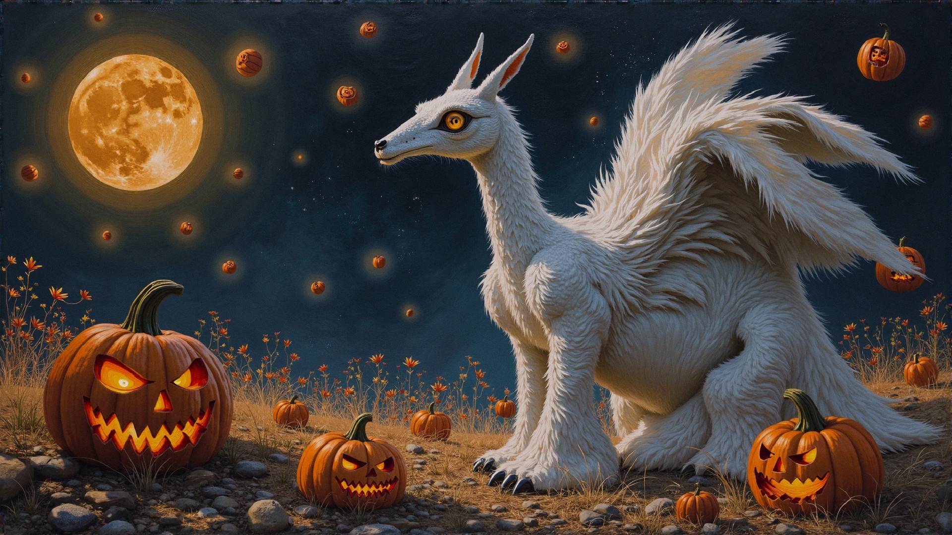White mythical creature in moonlit pumpkin patch