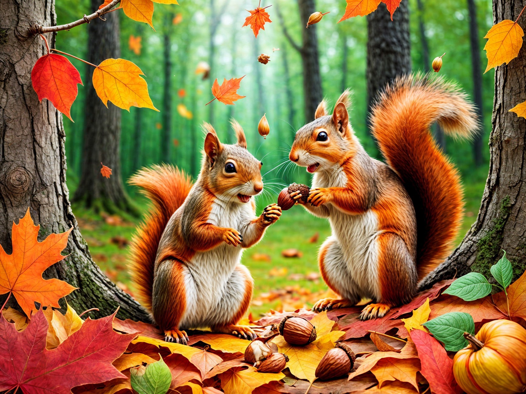Autumn Forest Scene with Playful Squirrels and Leaves