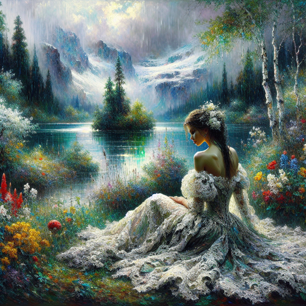 Serene Landscape with Woman in Lace Dress and Wildflowers