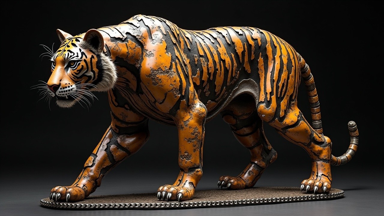 Life-sized metallic sculpture of a tiger in detail